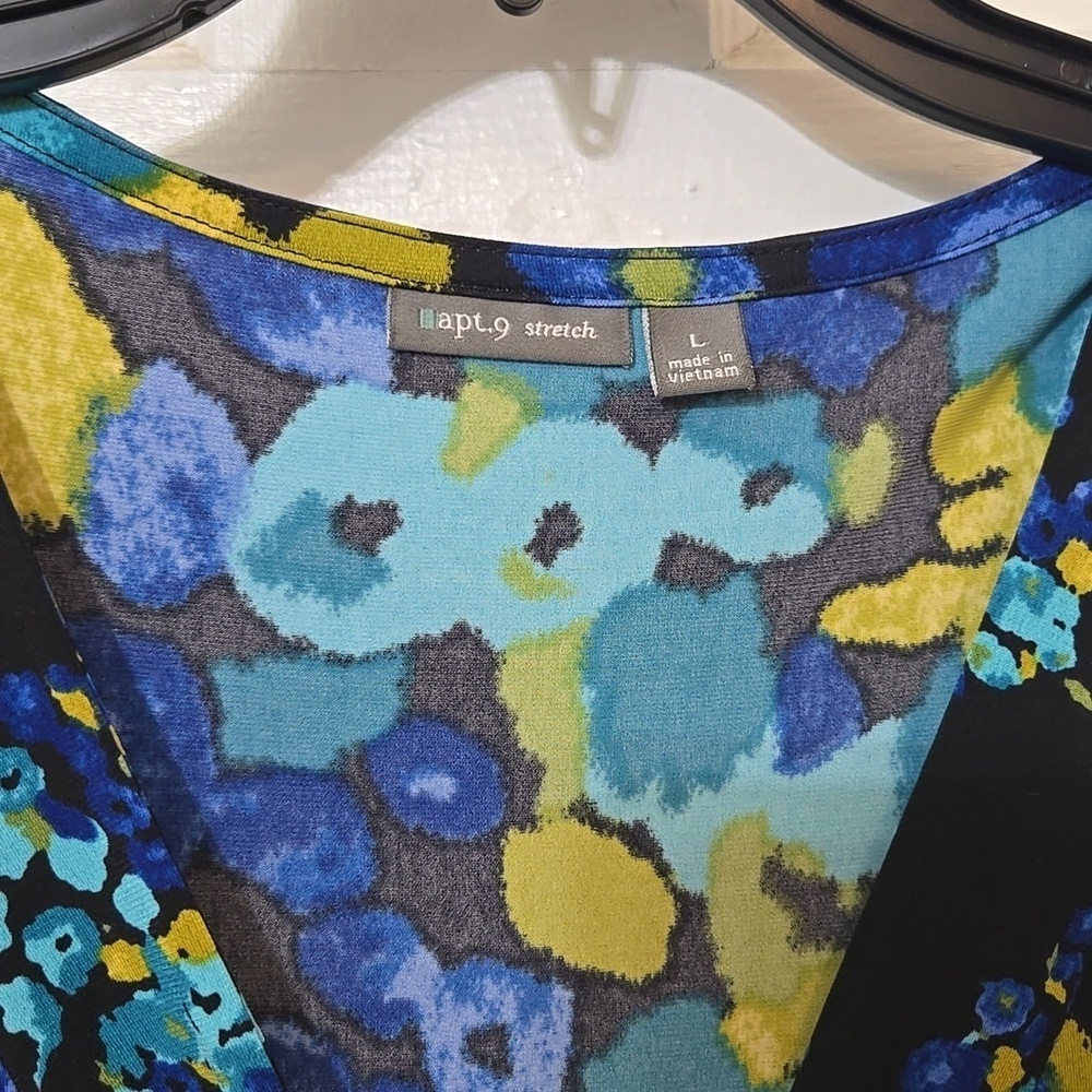 APT 9 STRETCH Rayon Floral Blue BLACK and GOLD Women's Dress Very Good Condition - Picture 3 of 8
